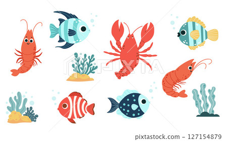 Cute Tropical Fish, Crayfish, Shrimp and Sea Plants, seaweed set. Isolated underwater animals and plants on white. Vector illustration. Kids collection 127154879