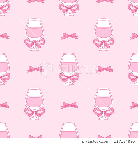 Seamless Pattern Glass Cocktail with Coquette Ribbon Bow on Pink Background. Vintage Aesthetic Drink. Romantic Girly Vibe beverage. Trendy backdrop template. Vector illustration Seamless Pattern Glass Cocktail with Coquette Ribbon Bow on Pink Background. Vintage Aesthetic Drink. Romantic Girly Vibe beverage. Trendy backdrop template. Vector illustration 127154880