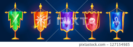 Medieval kingdom banners on golden poles 127154985