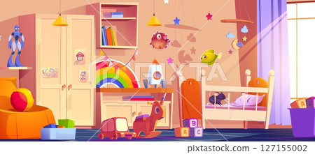 Mouse chewing on bedding in crib in kid room 127155002