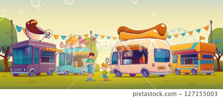 Cartoon food truck with kids opening soda can Cartoon food truck with kids opening soda can 127155003