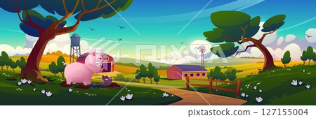 Cartoon pig surprised by skunk on farm landscape 127155004