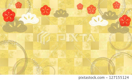 金箔上的梅花和松樹的日式背景插圖，給人一種奢華的感覺。 127155124