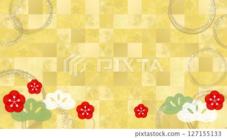 A Japanese-style background illustration of plum and pine trees on gold leaf, giving a sense of luxury. A Japanese-style background illustration of plum and pine trees on gold leaf, giving a sense of luxury. 127155133