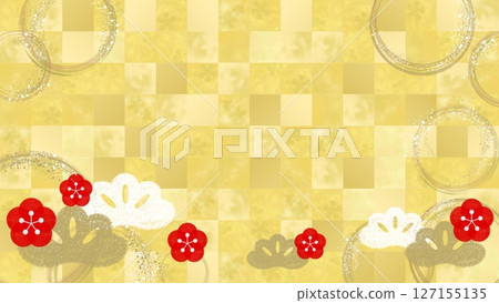 A Japanese-style background illustration of plum and pine trees on gold leaf, giving a sense of luxury. 127155135