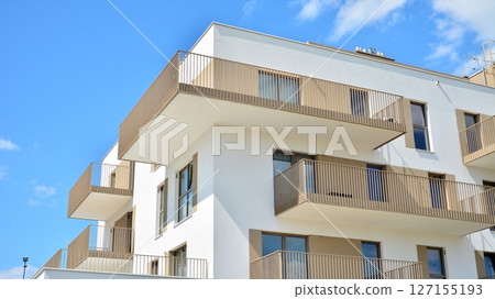 Modern new residential apartment house building complex. Exterior view of modern apartment building. New construction apartment or condo complex. 127155193