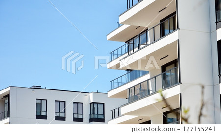Modern new residential apartment house building complex. Exterior view of modern apartment building. New construction apartment or condo complex. Modern new residential apartment house building complex. Exterior view of modern apartment building. New construction apartment or condo complex. 127155241