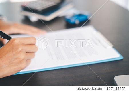 Concept business vehicle finance protection office plan investment buy sell car ensuring idea financial security. automobile agent hand protect purchase insurance and secure favorable loan deal. 127155351