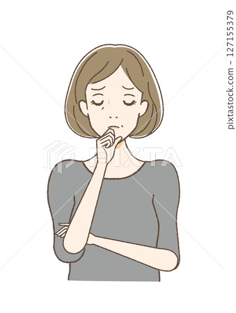 Middle-aged woman thinking with her hand on her chin 127155379