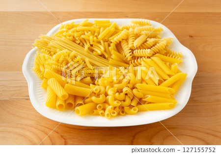 Various macaroni, various types of pasta, carbohydrates 127155752