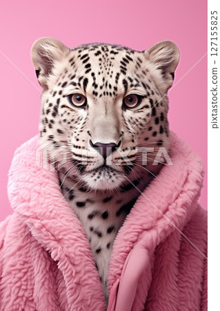 Leopard wearing pink fur coat. Pastel color background. Generative Ai 127155825
