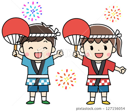 夏日祭典上身穿法被、笑容滿面的孩子們的插圖 127156054