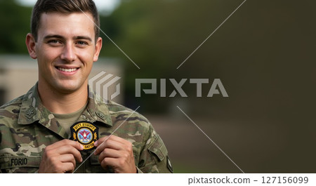Young man in uniform, patch for public service. Honor service, dedication. Service to country 127156099