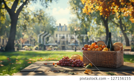 Picnic basket with fruits and wine in autumn park 127156155