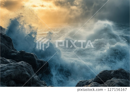 Powerful ocean waves crash dramatically on rocks. Experience powerful nature's force. Epic power 127156167