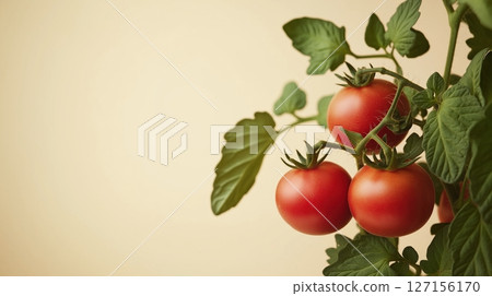 Red tomatoes growing on a vine with soft background 127156170