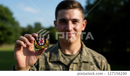 Young man shows patch, honoring brave service. Service, dedication, great service 127156290
