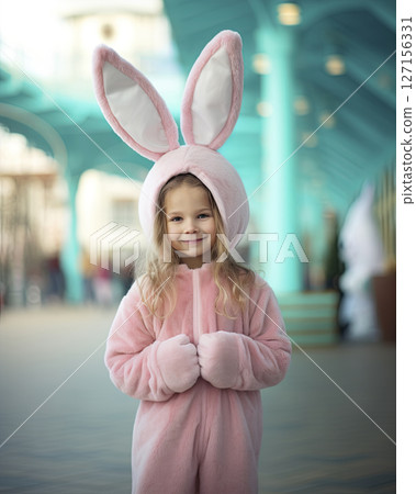 Young girl wearing Bunny costume and ears. Easter concept design. Ai Generative 127156331