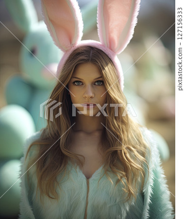 Young girl wearing Bunny costume and ears. Easter concept design. Ai Generative 127156333