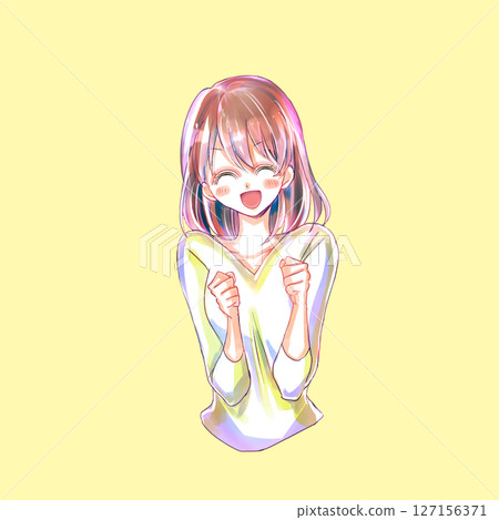 A woman smiling and clasping both hands 127156371