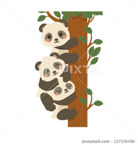 Illustration of Three Pandas Climbing a Tree 127156390