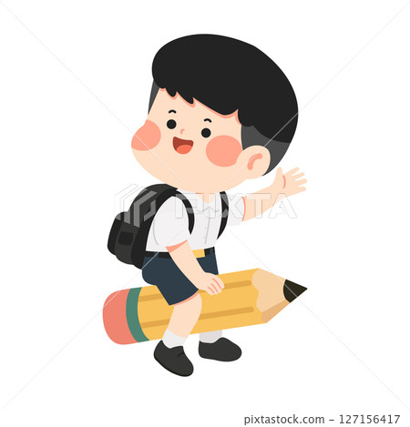 Illustration of Schoolboy Riding a Pencil 127156417