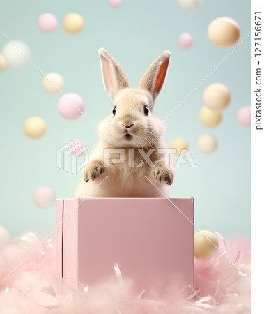 Bunny rabbit jumping out of gift box. Happy Easter. Holiday card design. Ai Generative 127156671