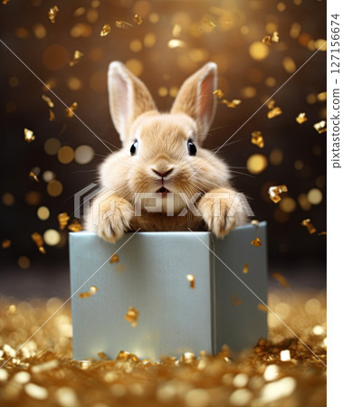 Bunny rabbit jumping out of gift box. Happy Easter. Holiday card design. Ai Generative 127156674