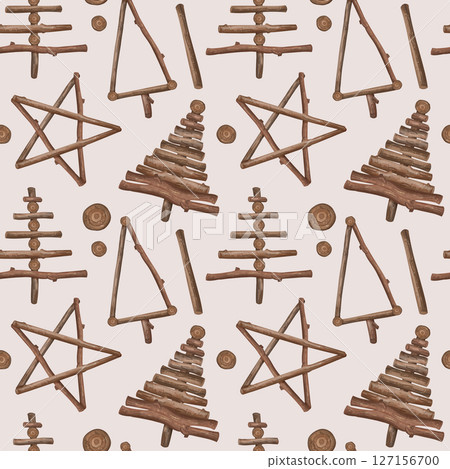 Seamless Christmas pattern made of natural organic decorations. Wooden sticks, branches in shape of stars and fir trees. Sustainable Christmas celebration, recyclable materials. Hand drawn background Seamless Christmas pattern made of natural organic decorations. Wooden sticks, branches in shape of stars and fir trees. Sustainable Christmas celebration, recyclable materials. Hand drawn background 127156700