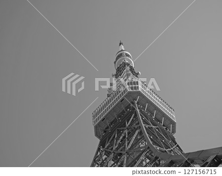 Tokyo Tower seen from a nearby road. Black and white. 127156715