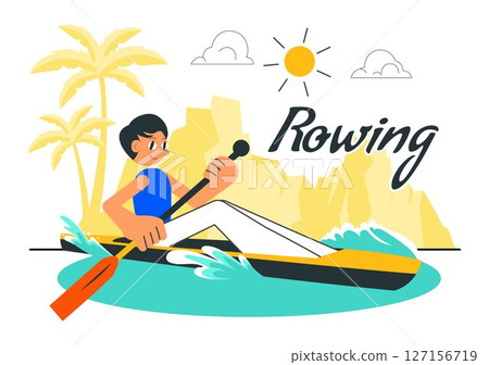 People Enjoying Rowing Vector Illustration Featuring Canoes and Sailing on a River or Lake as Part of Active Water Sports in a Flat Style Background 127156719