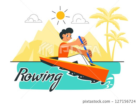 People Enjoying Rowing Vector Illustration Featuring Canoes and Sailing on a River or Lake as Part of Active Water Sports in a Flat Style Background People Enjoying Rowing Vector Illustration Featuring Canoes and Sailing on a River or Lake as Part of Active Water Sports in a Flat Style Background 127156724
