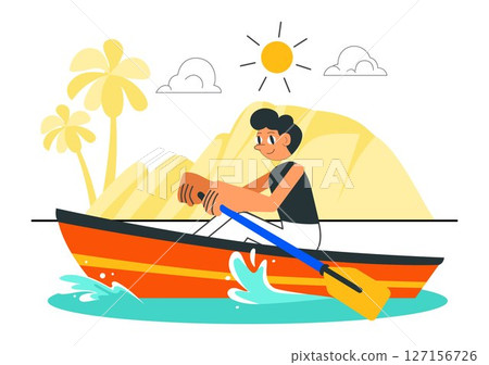 People Enjoying Rowing Vector Illustration Featuring Canoes and Sailing on a River or Lake as Part of Active Water Sports in a Flat Style Background 127156726