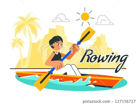 People Enjoying Rowing Vector Illustration Featuring Canoes and Sailing on a River or Lake as Part of Active Water Sports in a Flat Style Background People Enjoying Rowing Vector Illustration Featuring Canoes and Sailing on a River or Lake as Part of Active Water Sports in a Flat Style Background 127156727