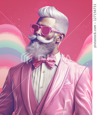 Gay fashion model with white hair and beard wearing pink suit posing. LGBT, Homosexual concept. Ai Generative Gay fashion model with white hair and beard wearing pink suit posing. LGBT, Homosexual concept. Ai Generative 127156731