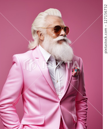 Gay fashion model with white hair and beard wearing pink suit posing. LGBT, Homosexual concept. Ai Generative Gay fashion model with white hair and beard wearing pink suit posing. LGBT, Homosexual concept. Ai Generative 127156732