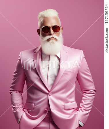 Gay fashion model with white hair and beard wearing pink suit posing. LGBT, Homosexual concept. Ai Generative 127156734