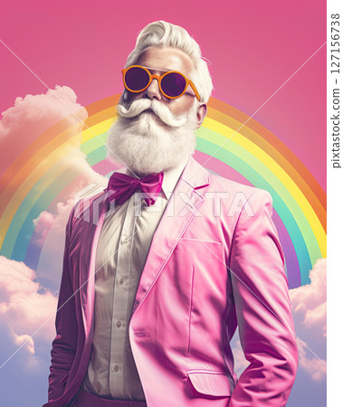 Gay fashion model with white hair and beard wearing pink suit posing against rainbow background. Ai Generative 127156738