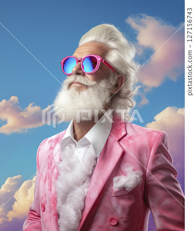 Portrait of an older Gay fashion model with white hair and beard wearing pink suit posing against sky background. Ai Generative 127156743