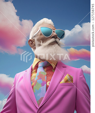 Portrait of an older Gay fashion model with white hair and beard wearing pink suit posing against sky background. Ai Generative 127156745
