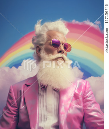 Portrait of an older Gay fashion model with white hair and beard wearing pink suit posing against sky background. Ai Generative 127156746