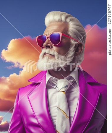 Portrait of an older Gay fashion model with white hair and beard wearing pink suit posing against sky background. Ai Generative 127156747