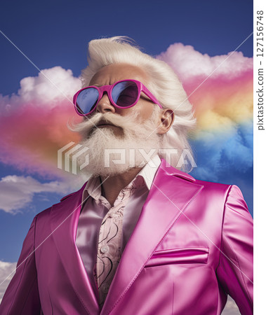 Portrait of an older Gay fashion model with white hair and beard wearing pink suit posing against sky background. Ai Generative 127156748