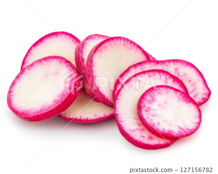 Sliced crunchy radish on white background 127156782