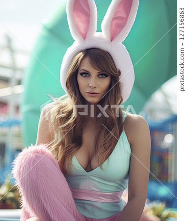 Sexy Easter bunny girl. Model dressed in Easter bunny costume and bunny ears. Generative Ai Sexy Easter bunny girl. Model dressed in Easter bunny costume and bunny ears. Generative Ai 127156863