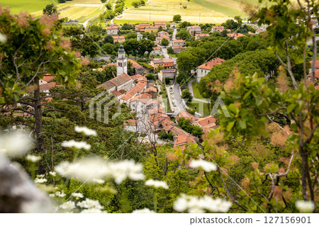 Picturesque View Of Vipava From Castle Ruins: Red-Tiled Rooftops And Church Tower Nestled In Green Valley With Blooming Flowers In Foreground And Rolling Fields In Background, Slovenia 127156901