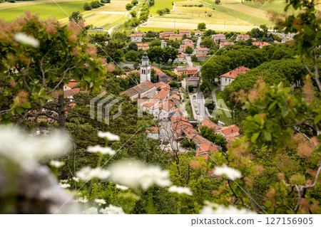 Picturesque View Of Vipava From Castle Ruins: Red-Tiled Rooftops And Church Tower Nestled In Green Valley With Blooming Flowers In Foreground And Rolling Fields In Background, Slovenia Picturesque View Of Vipava From Castle Ruins: Red-Tiled Rooftops And Church Tower Nestled In Green Valley With Blooming Flowers In Foreground And Rolling Fields In Background, Slovenia 127156905