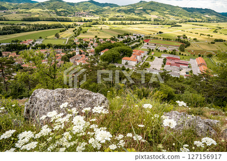 Picturesque View Of Vipava From Castle Ruins: Red-Tiled Rooftops And Church Tower Nestled In Green Valley With Blooming Flowers In Foreground And Rolling Fields In Background, Slovenia 127156917