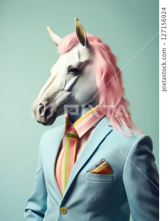 Horse with pink mane wearing suit. Ai Generative 127156924