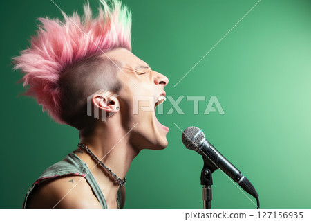 Punk rockstar singer screaming into a microphone. Ai Generative 127156935